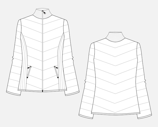 Vector winter puffer jacket technical drawing flat sketch vector illustration template for ladies