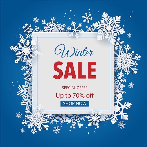 winter sale background and template promo with snowflakes.