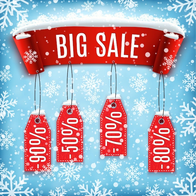 Winter sale background with red realistic ribbon