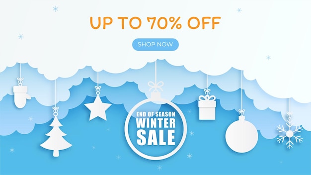 Vector winter sale banner template background merry christmas online shopping 3d paper art and craft