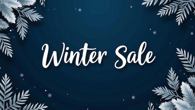 Vector winter sale banner with elegant white foliage and blue background