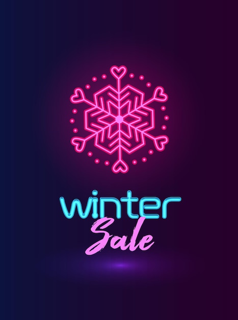 Winter sale banner with neon pink snowflake on dark blue background