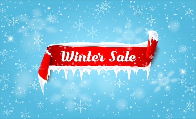 Winter sale Blue promo poster with red satin ribbon and snow background