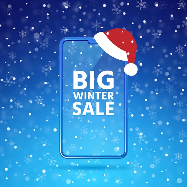 Winter sale mobile phone screen mockup, smartphone with santas hat, blue sky, snowflakes background