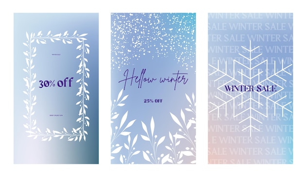 Vector winter sale stories banners fashion template set. winter snow design for instagram posts.