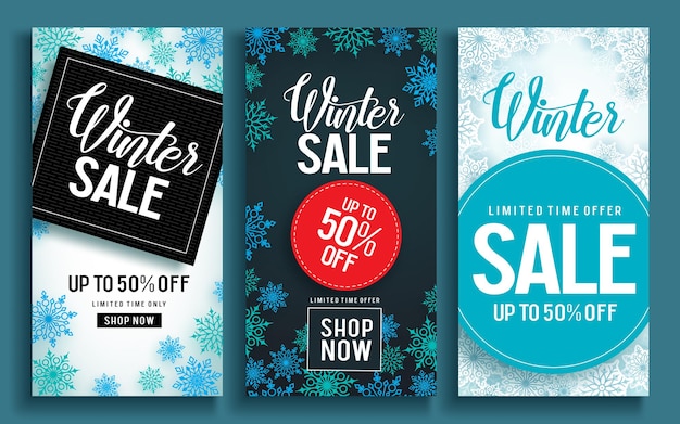 Winter sale vector poster template set with discount text and snow elements