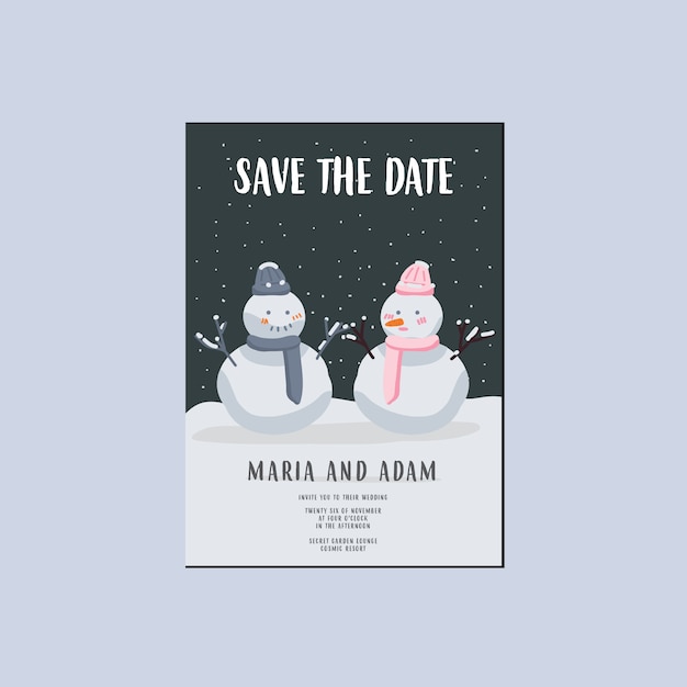 Vector winter save the date wedding invitation, snowman couple