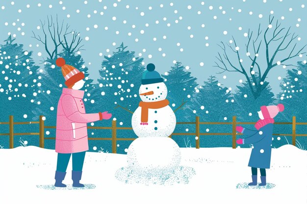 Vector winter scene snowman building