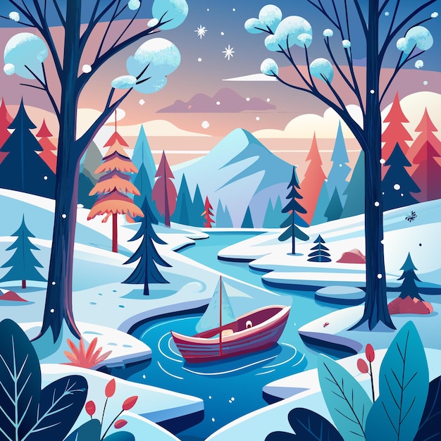 Vector a winter scene with a boat and trees