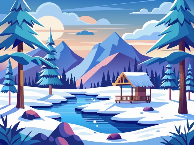 Vector a winter scene with a cabin and a cabin in the background