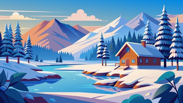 Vector a winter scene with a cabin on the lake and mountains in the background