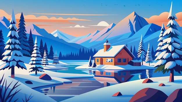 a winter scene with a cabin and mountains in the background