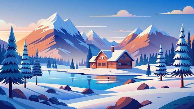 a winter scene with a cabin and mountains in the background