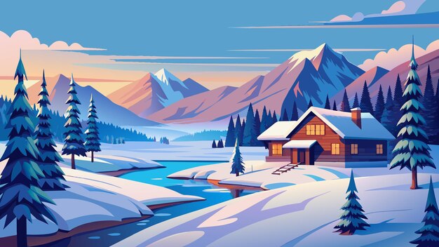 Vector a winter scene with a cabin and mountains in the background