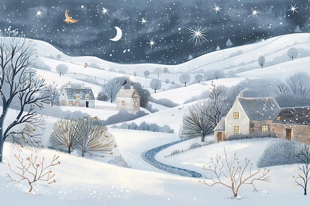 a winter scene with a house and a snowy road and a snowy sky with a star in the background