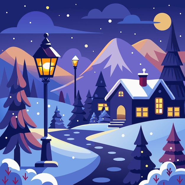 Vector a winter scene with a house and a street lamp