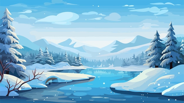 a winter scene with a lake and mountains in the background