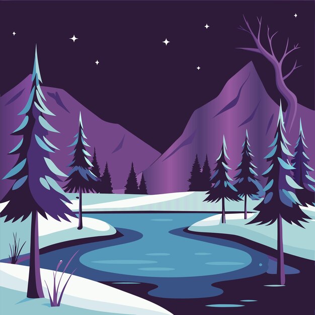 Vector a winter scene with a river and trees