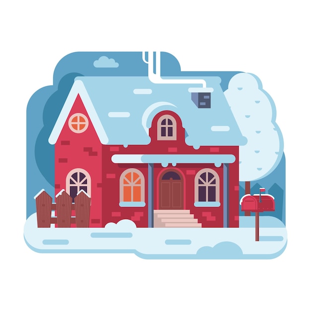 Winter scene with rural snow house with smoking chimney on forest background. Cozy cottage or traditional farm home on countryside area.