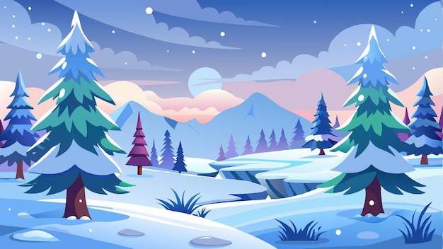 Vector a winter scene with snow covered mountains and trees