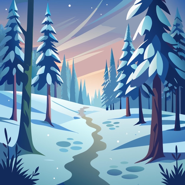 Vector a winter scene with a snowy landscape and a forest with snow covered trees