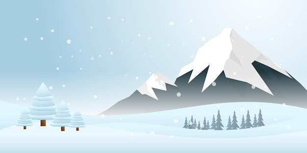 Vector winter scenery landscape with snowy mountains pines trees and hills