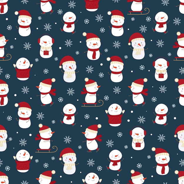 Winter seamless pattern with funny snowmen