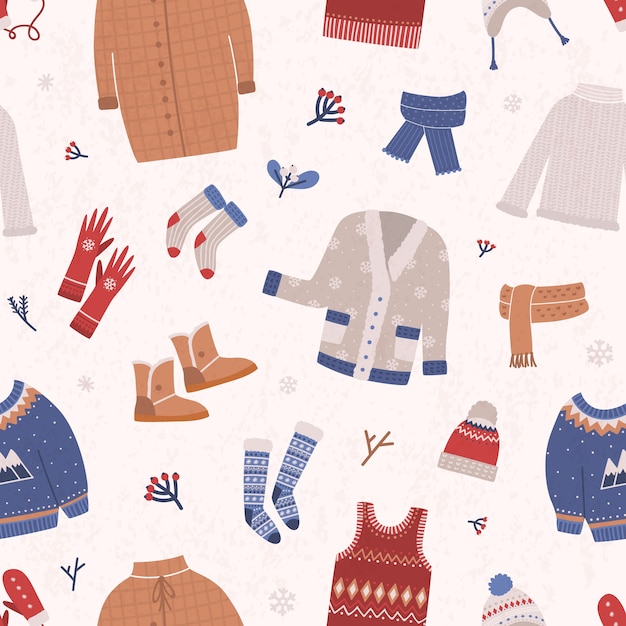 Winter seamless pattern with warm knitted clothes on light