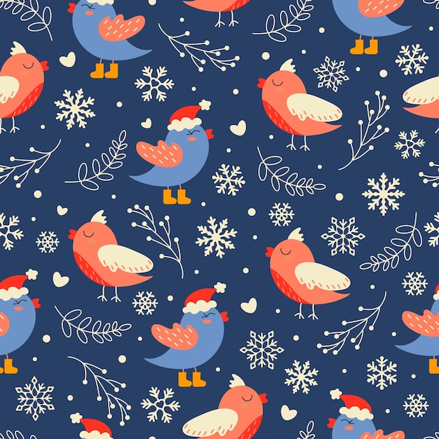 Winter Seamless vector Pattern with Christmas birds, branches and Snowflakes.