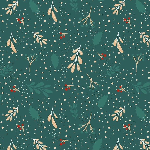 Winter seamless vector pattern with Holly berries and leaves