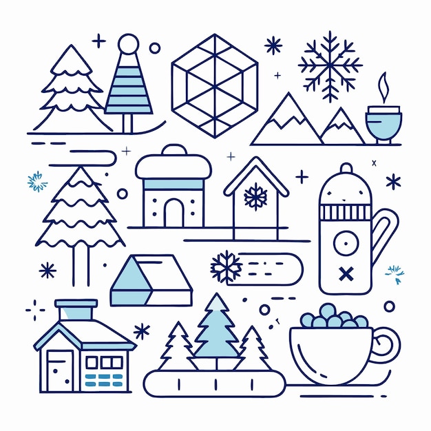 Winter season icon set with blue and white colors on white background