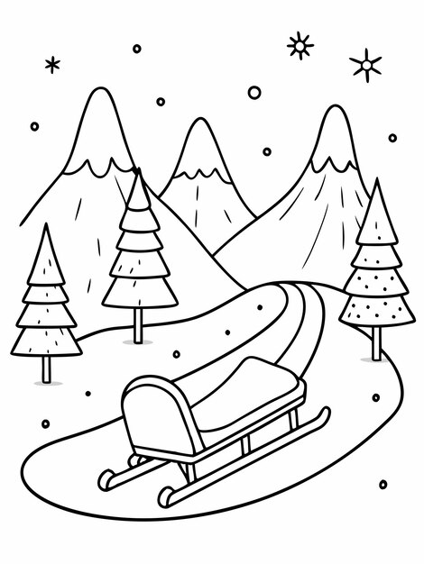 Vector winter sledge in a snowy landscape colouring book pages for children and adults with vector design