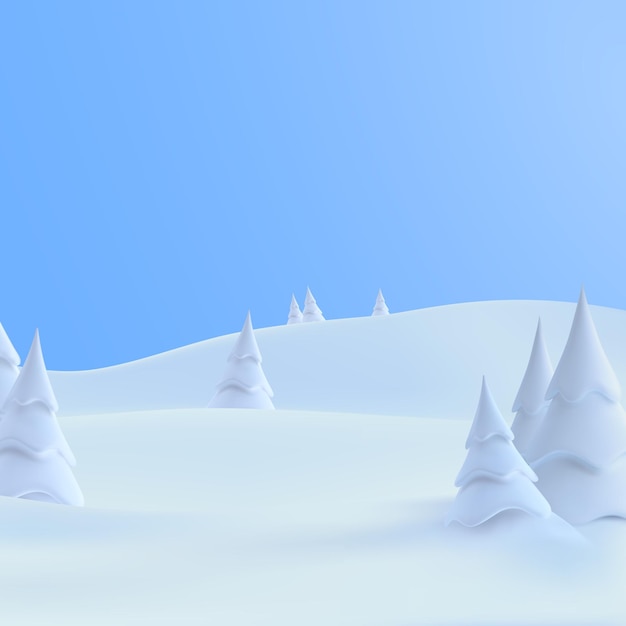 Winter snow hills landscape with snowdrifts and snowy fir trees