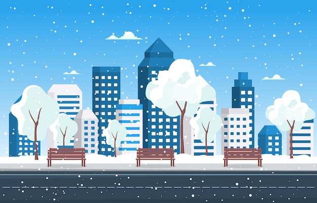 Vector winter snow tree snowfall city building landscape illustration