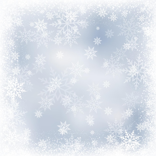 Winter snowfall and snowflakes on light blue background Xmas and New Year background Vector