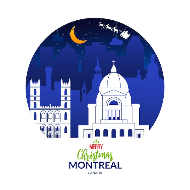 Winter snowy label with Christmas holiday Montreal city, Canada