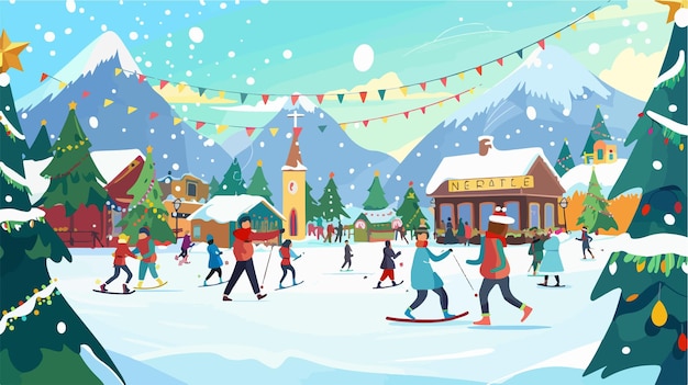 Vector winter sport scene christmas street event festival