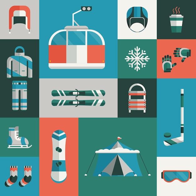 Winter sports gear collection. Outdoor icon set in flat style. Winter sports pictogram extreme activity lifestyle. Snowboard suit, skis, sled, funicular, coffee cup, snowflake, hat, board, skates, hel