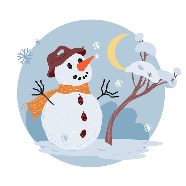 Winter sticker or banner in circle frame with snowman vector illustration isolated