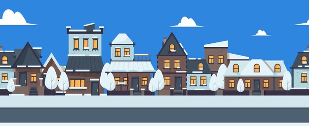 Vector winter street banner. cute snowy houses seamless pattern. suburban buildings vector illustration. christmas street banner, city background snowy