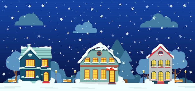 Winter street with cottage house, snow trees, bush clouds, flat cartoon card. Merry Christmas and Happy New Year panoramic horizontal banner. Urban landscape