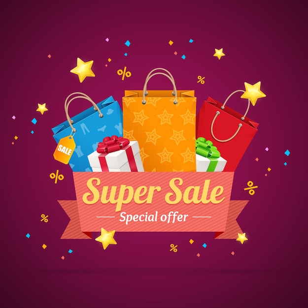 Winter Super Sale Announcement Card with Paper Bag and Present Boxes. Seasonal Discounts Vector illustration