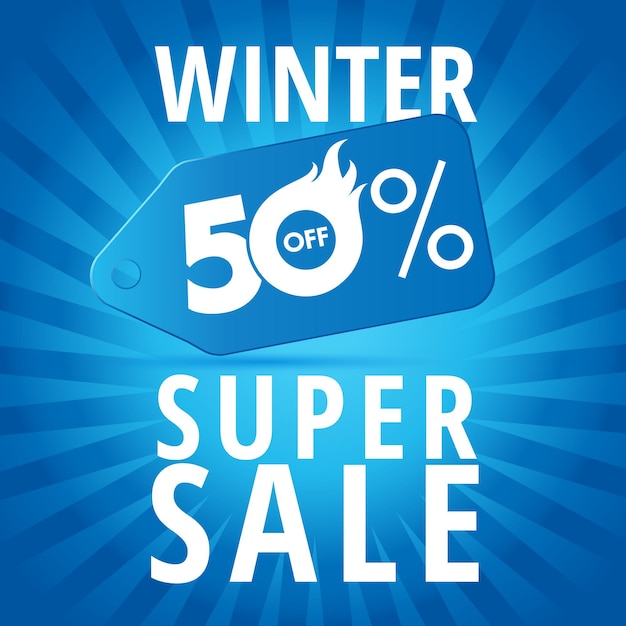 Winter super sale template. Blue background with 3D realistic tag 50 percent off. Vector banner.