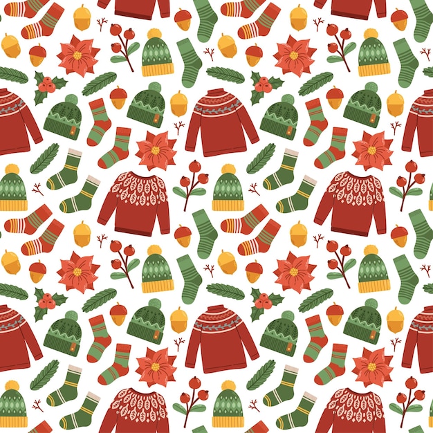 Winter sweater socks hat seamless pattern vector illustration