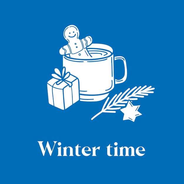 Winter time text and hot chocolate with Gingerbread Fir branch illustration in doodle style on blue