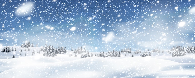 Winter trees background with snowfall