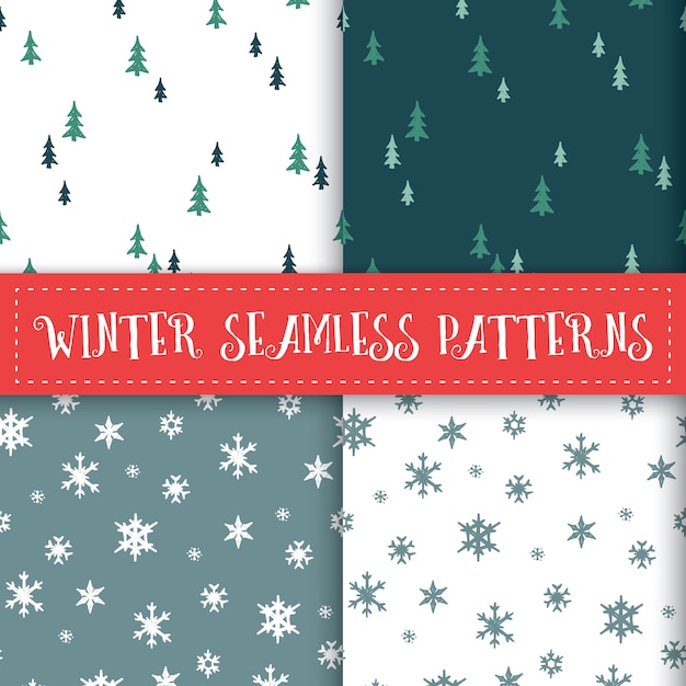 Winter trees and snowflakes seamless patterns