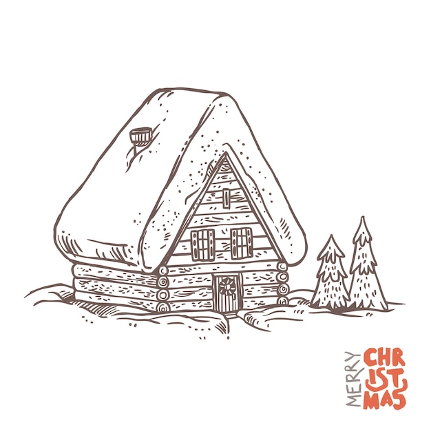 Winter vacation home in vector. Wooden house in Christmas time.