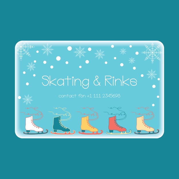 Winter vector card with ice skates and snowflakes Winter sport and activity