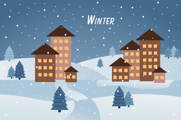 Winter vector illustration in flat style. Night, houses, snow, Christmas trees. Design for postcard